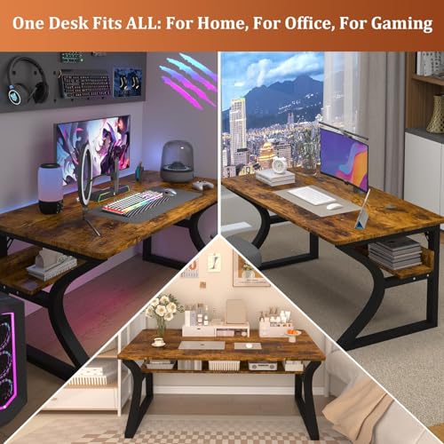 Image of 55 inch Computer Desk, Home Office Desk with Storage Shelf, Sturdy U-Shaped Metal Frame Study Table with Cable Management, Gaming Desk for Office & Bedroom