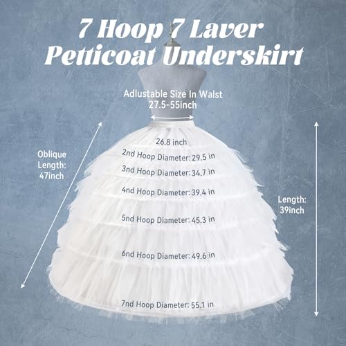 Image of Ieuan Upgraded Enlarged Full White Ball Gown 7 Hoops Wedding Accessories Petticoat Underskirt Slips