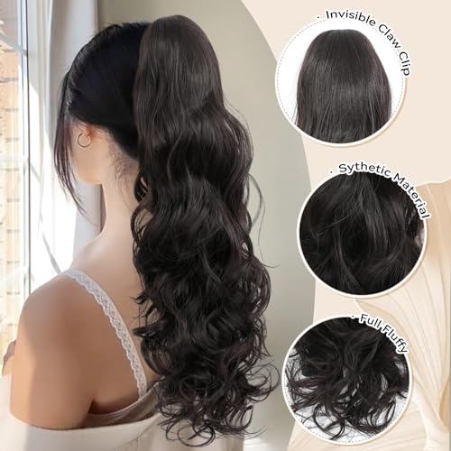 Image of 24 inch Ponytail Extension, Long Curly Wavy Claw Clip and Natural-Looking Synthetic Hairpiece, Voluminous Pony TailHair Extensions for Women Daily Wear. (Dark Brown, 24Inch)