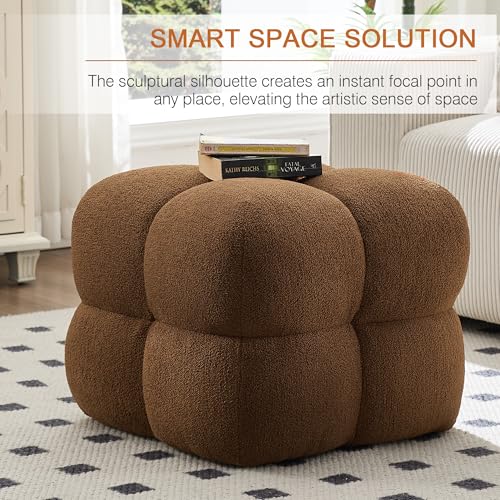 Image of Zesthouse Square Pouf Ottoman Footstool, Modern Backless Vanity Chair for Bedroom, Boucle Poofy Footrest for Couch, Upholstered Tufted Footstool, Fabric Ottoman Coffee Table for Living Room Rust Brown