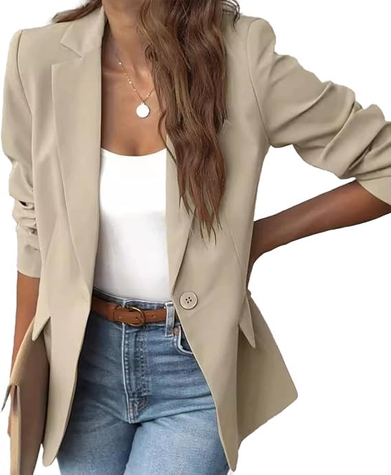 Womens Minimalist Solid Button Lapel Collar Blazer Front Opening Casual Long Sleeve Blazer with Pockets