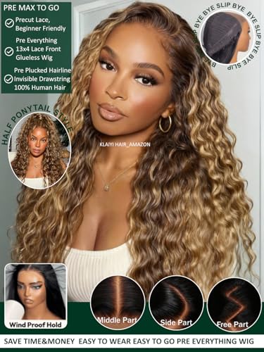 Image of KLAIYI 13x4Bye Bye Slip Highlight Golden Blonde Water Wave Pre Everything Lace Front Wigs Human Hair Drawstring Caramel Brown Curly Glueless Pre Plucked Bleached Knots Ready to Wear and Go Wig 22Inch
