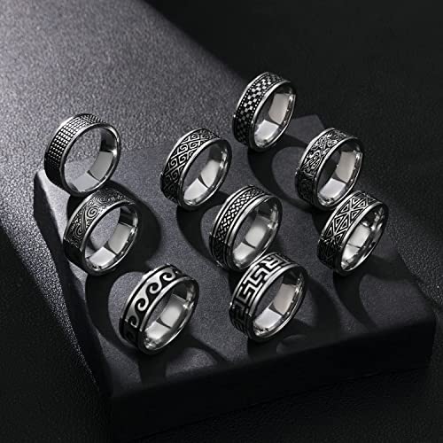 Rioso 9Pcs Men's Stainless Steel Ring Set Silver Vintage Band Rings For Men #TOP4