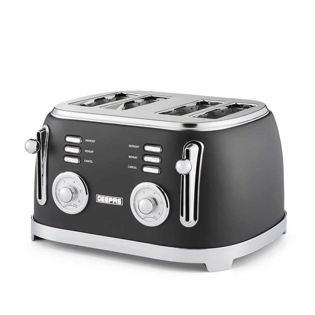 Geepas Unisex Black Retrovive 4 Slice Toaster 1500W Wide Slots 6 Browning Levels In