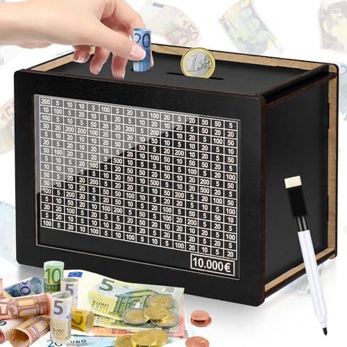 Kkluno Hucha de 10000 euros, hucha grande con contador, hucha de madera, caja reutilizable con números marcados, adecuada para niños y adultos (negro)