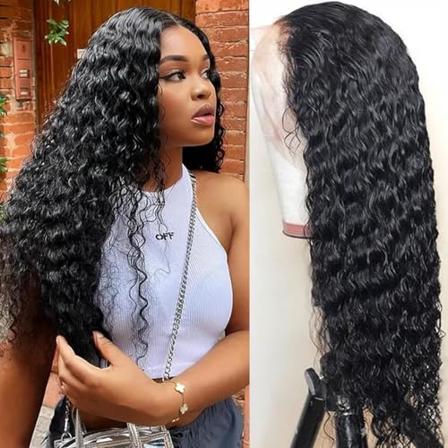 Image of Nsvnsv 13x6 Deep Wave Lace Front Wigs Human Hair Wigs for Women 180% Density HD Transparent Deep Curly Lace Frontal Wigs Human Hair Pre Plucked with Baby Hair Natural Color 20 Inch