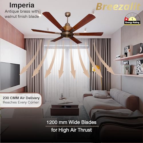 Image of Breezalit Imperia 1200 mm (48 Inch) 6-Blade Designer Ceiling Fan | 80 W Powerful Copper Motor | Antique Brass Body & Walnut Finish Blades | Silent High-Airflow | 2-Year Warranty