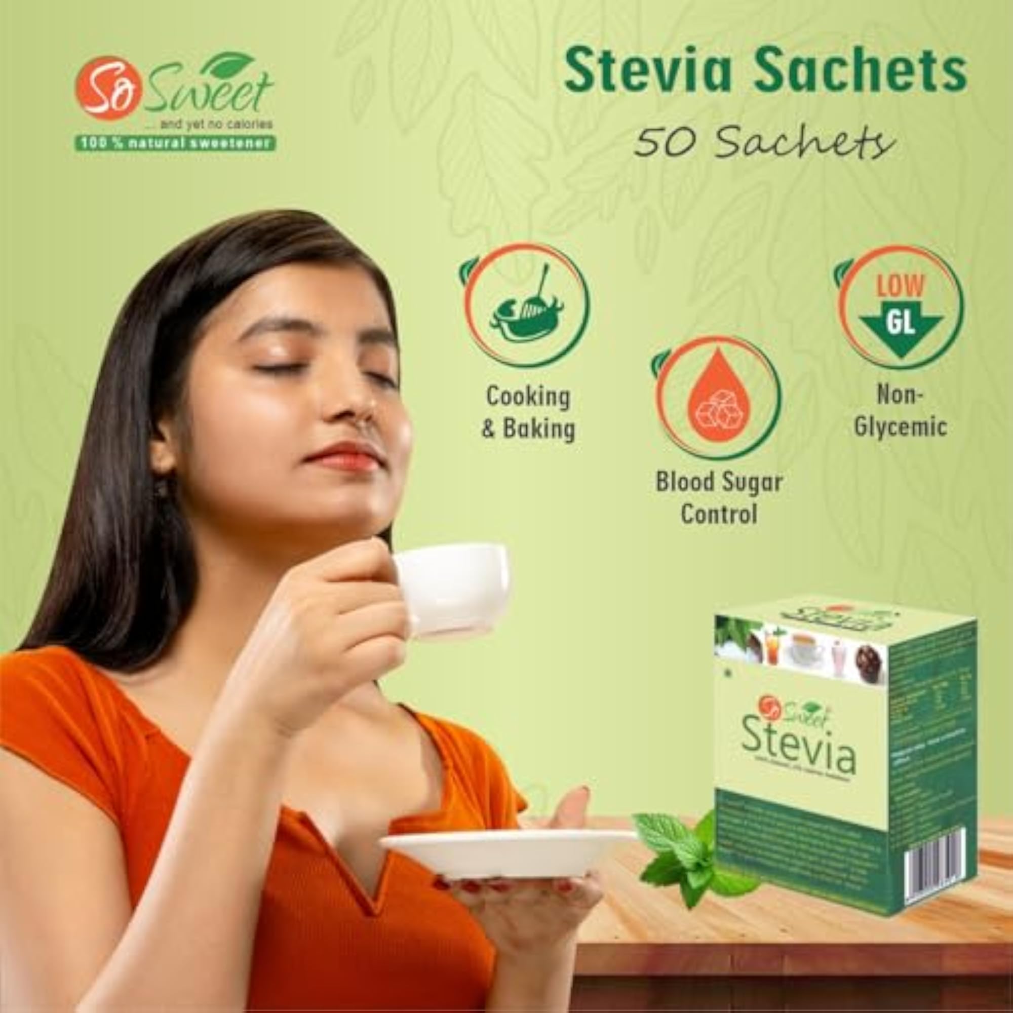 Stevia Sachets, 50 Sachets, Zero Calorie Sweetener