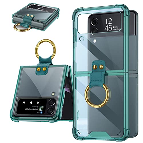 MistWorld Z Flip3 Klarsichthülle, Galaxy Z Flip 3 5G Hülle, Ringhalterung transparenter Airbag, um ein Herunterfallen zu verhindern, für Samsung Flip 3 ultradünne Schutzhülle, Clear Green Cover