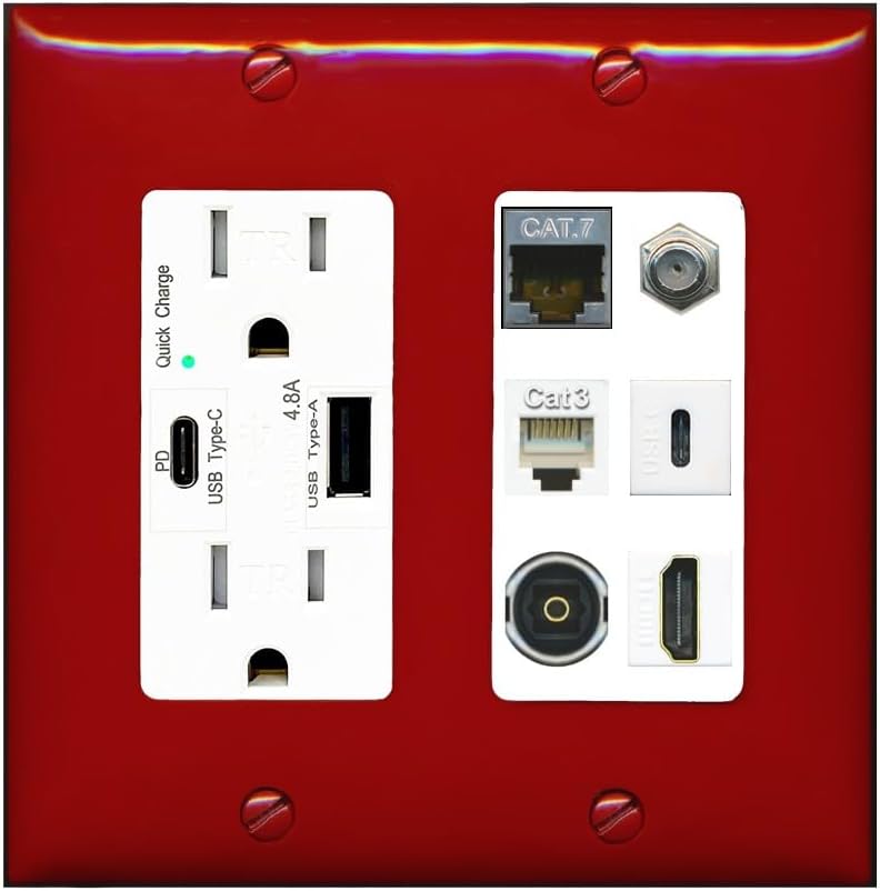 RiteAV Cat7 Coax HDMI Phone Toslink USB-C Wall Plate - USB A+C Charger Outlet [Red/White]