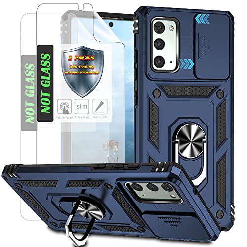 AYMECL Protective Phone Case with Slide Camera Cover, Magnetic Ring Kickstand & 2 Self-Healing Films | Compatible with Samsung Galaxy Note 20 - Blue