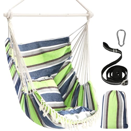Chihee Columpio Colgante Silla Hamaca,2 Cojines,Barra Extensible de Acero Inoxidable Duradera,Silla Colgante portátil, Bolsillo Lateral, Juego de Silla Grande de macramé, Tejido de algodón de Calidad