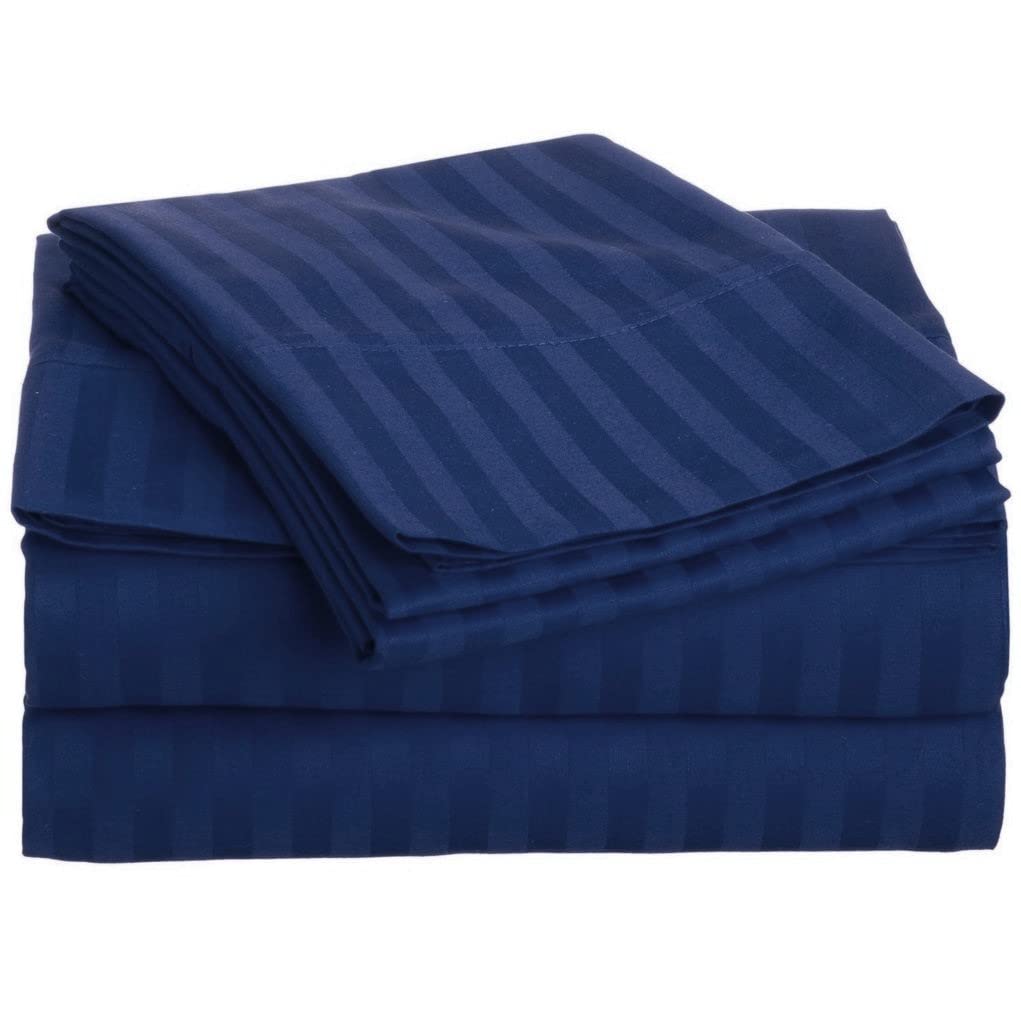 LUXURIOUS BEDDING Super King Size Stripes Sheet Set - 4 Piece - Long Staple Egyptian Cotton 800 Thread Count Sateen Weave 35 Cm Deep Soft Wrinkle & Fade Resistant - Navy Blue