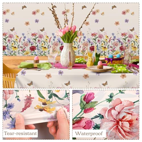 Image of Kochorie 100 Ft x 54 Inch Spring Floral Tablecloth Roll Plastic Flower Tablecloth Roll Wildflower Butterfly Disposable Table Cover for Spring Tea Party Supplies Birthday Wedding Party Decorations