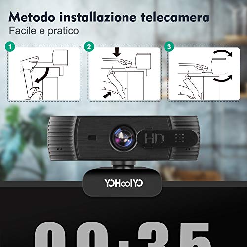 YOHOOLYO Webcam 1080P Full HD Autofocus con Microfono Stereo,Privacy Shutter,Webcam per Chat Video e Registrazione, Compatibile con Windows e Mac