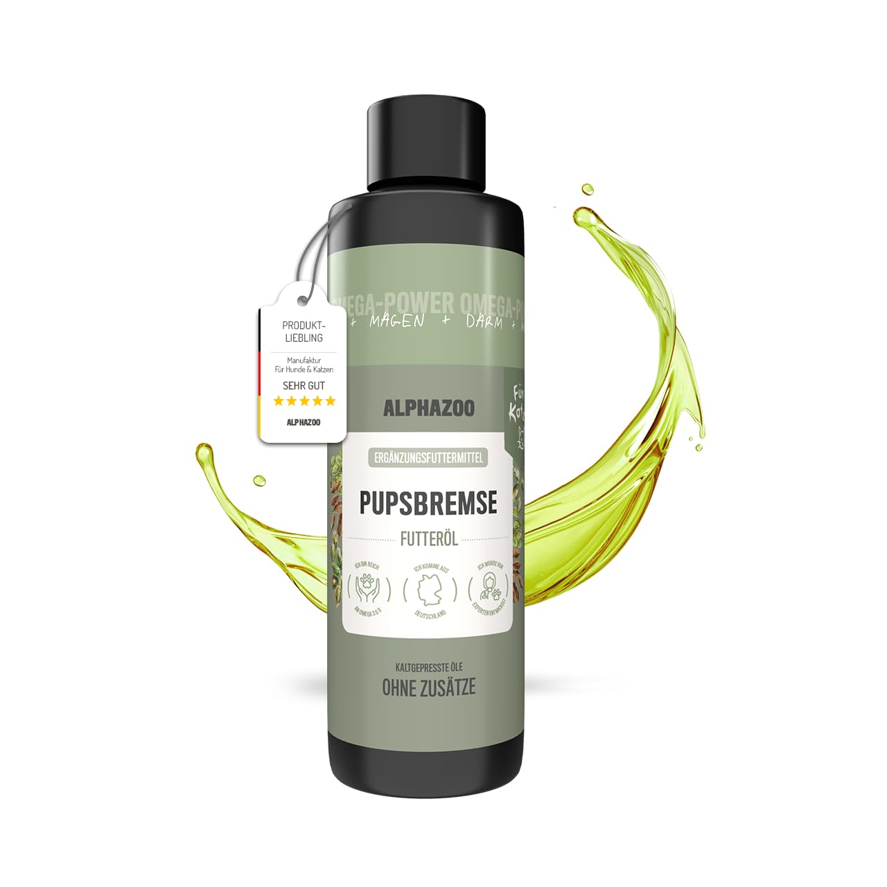 alphazoo Pupsbremse Huile alimentaire gastro-intestinale pour chat 250 ml – Favorise la digestion et l'appétit, avec huile de graines de citrouille et huile de lin – Complément alimentaire naturel