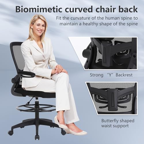 Image of BestOffice Drafting Chair Tall Office Chair Adjustable Height with Lumbar Support Flip Up Arms Footrest Mid Back Task Mesh Desk Chair Computer Chair Drafting Stool for Standing Desk (B-Black)