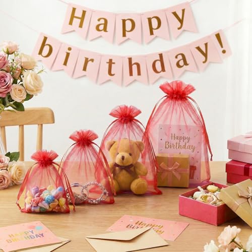 Image of FUNFERY 100 Pcs Red Organza Bags 4x6 in, Small Mesh Drawstring Gift Bags for Sachet, Jewelry, Candy, Wedding Favor, Easter Day