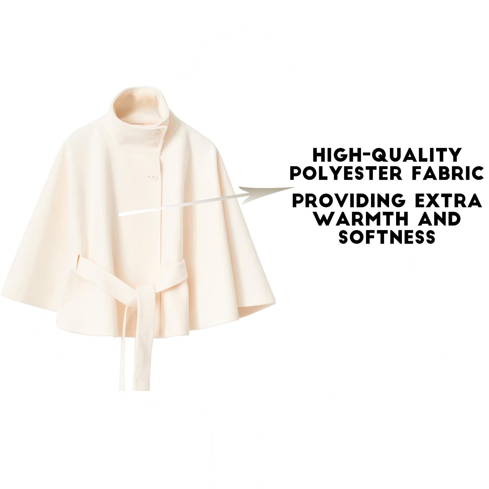 Generisch Abrigo de capa blanca, poncho de manga murciélago, abrigo de invierno para mujer, con cuello alto y cinturón