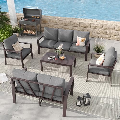 Image of Aluminum Patio Furniture Set 5 Pieces Modern Patio Conversation Sets for Porch, Deck, Garden, 7-Seat Outdoor Furniture Metal Sofa Set with 4 inch Water-Resistant Cushion & Coffee Table,Gray