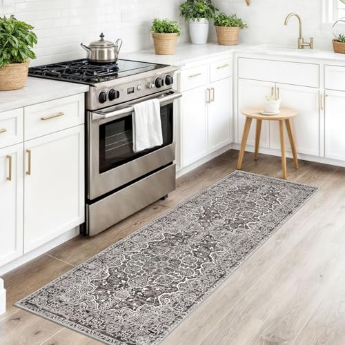 KUTA Runners for Hallways 2x6 Tan Grey, Vintage Floral Kitchen Rugs Non-Slip Washable Runner Ultra Soft Printed Retro Flower Carpet Entryway Rug for Bedroom Laundry Nursery Entryways