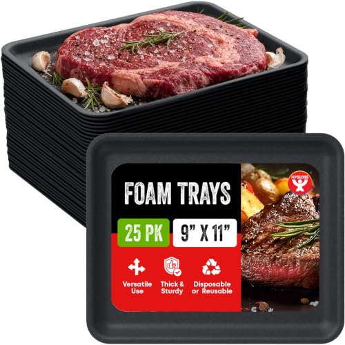 Hygloss Black Foam Trays for Food & Crafts 9 x 11 Inch Pack of 25 Multipurpose Rectangle Foam Meat Trays for Food Prep Vacuum Sealing Gardening & Classroom Sturdy Disposable & Reusable