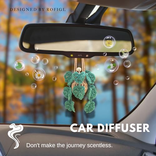 Image of Cute Crochet Car Plant Monstera Essential Oil Diffuser Bottle - 12ml Refillable, Green Car Accessory for Mirror Decor and Home Decor