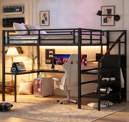 Image of Bellemave Queen loft Bed with Storage Stairs, Wardrobe, Shelves, Metal Queen Size Loft Bed Frame for Adults, Kids, Teens, Black with Black Woodgrain