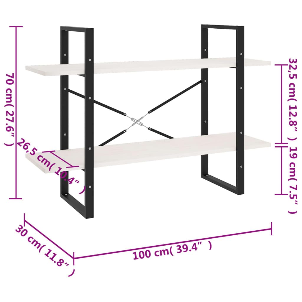 Bücherschrank Kiefer Massivholz 100x30x70 cm, Bücherregal mit 2 Ablagen in Weiß, Standregal für Bücher und Dekoration, pflegeleicht mit feuchtem Tuch