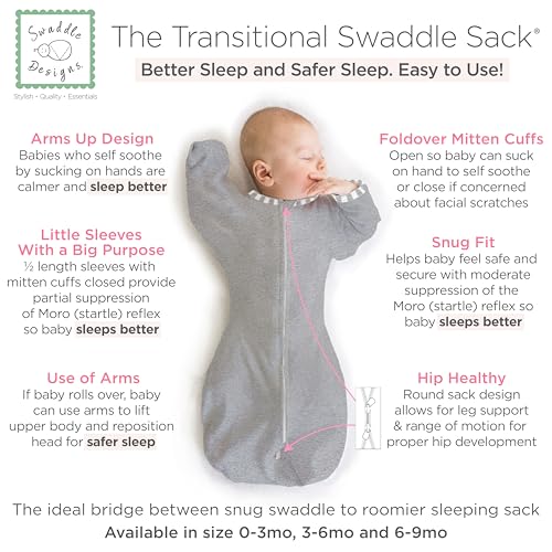 Image of SwaddleDesigns Transitional Swaddle Sack, Arms Up Half-Length Sleeves & Mitten Cuffs, Swaddle for Newborn Transition to Baby Sleep Sack Wearable Blanket, 0-3 Month, 6-14 lb, Gray with Striped Trim