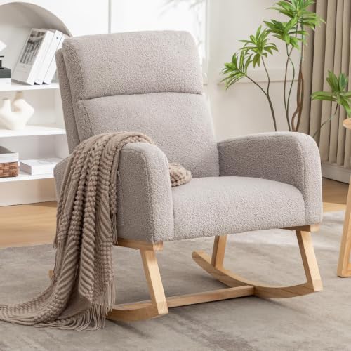 Image of HCHAIRH Rocking Chair Nursery, Nursing Rocking Chairs, Upholstered Nursery Glider Rocker for Mom Nursery Morden Rocking Chair with Side Pocket for Living Room,Bedroom, Teddy Light Gray