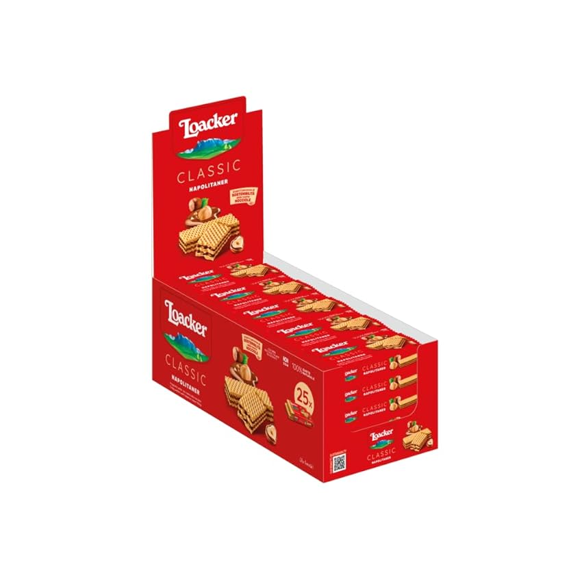 Loacker, Classic Napolitaner Display, Wafer Classico con 3 Strati di Cialde Farcite con Crema alla Nocciola, Merenda e Snack, 25 Confezioni da 45g l'una