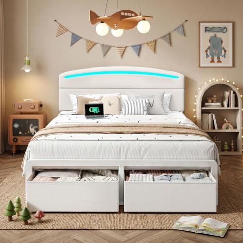 Homkdom Full Size Bed Frame with Upholstered Headboard, USB-C & LED, Beige - image 1