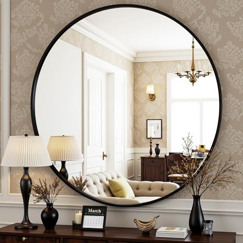 Image of Antok 24 Inch Round Mirror for Wall, Round Bathroom Mirror, Circle Wall Mirrors with Black Metal Frame, Circle Mirrors Suitable for Wall, Bathroom, Vanity, Living Room, Entryway