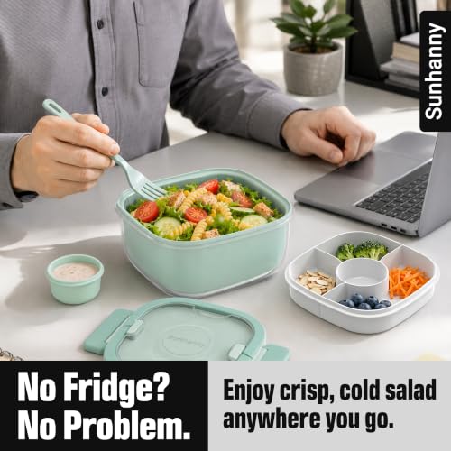 Image of Salad Container with Ice Pack & Handle, 6.8 Cup / 1600ml Large Portable Salad Bowl Lunch Box with Lid, Fork Holder & Sauce Cup, 4-Compartment Removable Tray Meal Prep Bento Box, Green