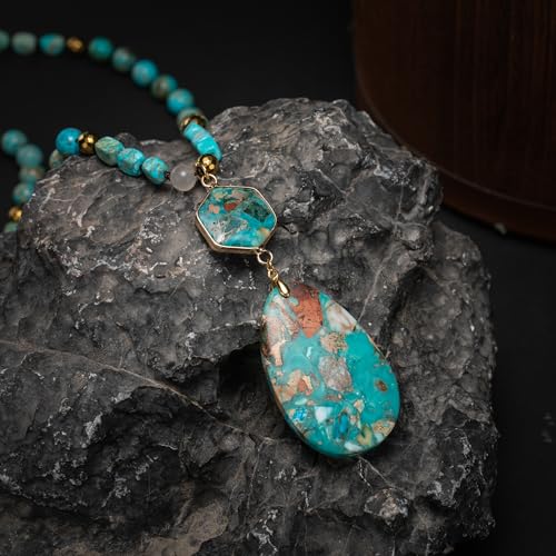 Boho Turquoise Necklaces for Women,36.8 Inch Natural Stone Beaded Long Pendant Necklaces, Handmade Bohemian Fashion Chakra Chunky Statement Charm Gold Necklace Jewelry Gift4