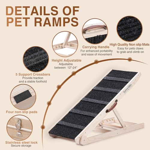 Dog Ramp for Bed - Foldable Small to Large Dog Ramp for Couch - 6 Adjustable Height from 12" to 24" - Stairs with High Traction Mat - Wooden Portable Ramp for Dogs to Get on Bed Couch Car Up to 200LBS - Image 3