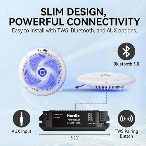 Image of Herdio 5.25 inch Bluetooth Marine Speakers, Low Profile Slim Design with LED Lights, 160W 2-Way Weather Resistant Outdoor Audio, Suitable for Boat, RV, UTV, ATV, Golf Cart (2-Pack, White)