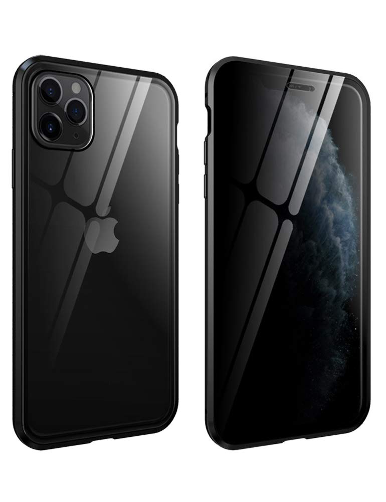 KumWum Privacy Phone Case for iPhone 11 Anti Peep Tempered Glass Front and Back Full Magnetic with Metal Bumper Clear Cover, Black