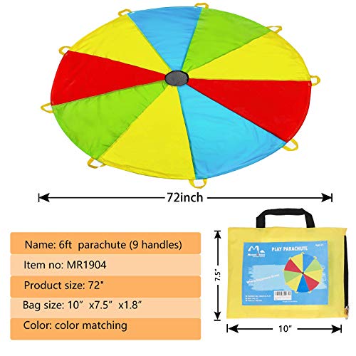 Image of Kids Parachute - 6ft Play Parachute with 9 Handles, Multicolored for Indoor Outdoor Games