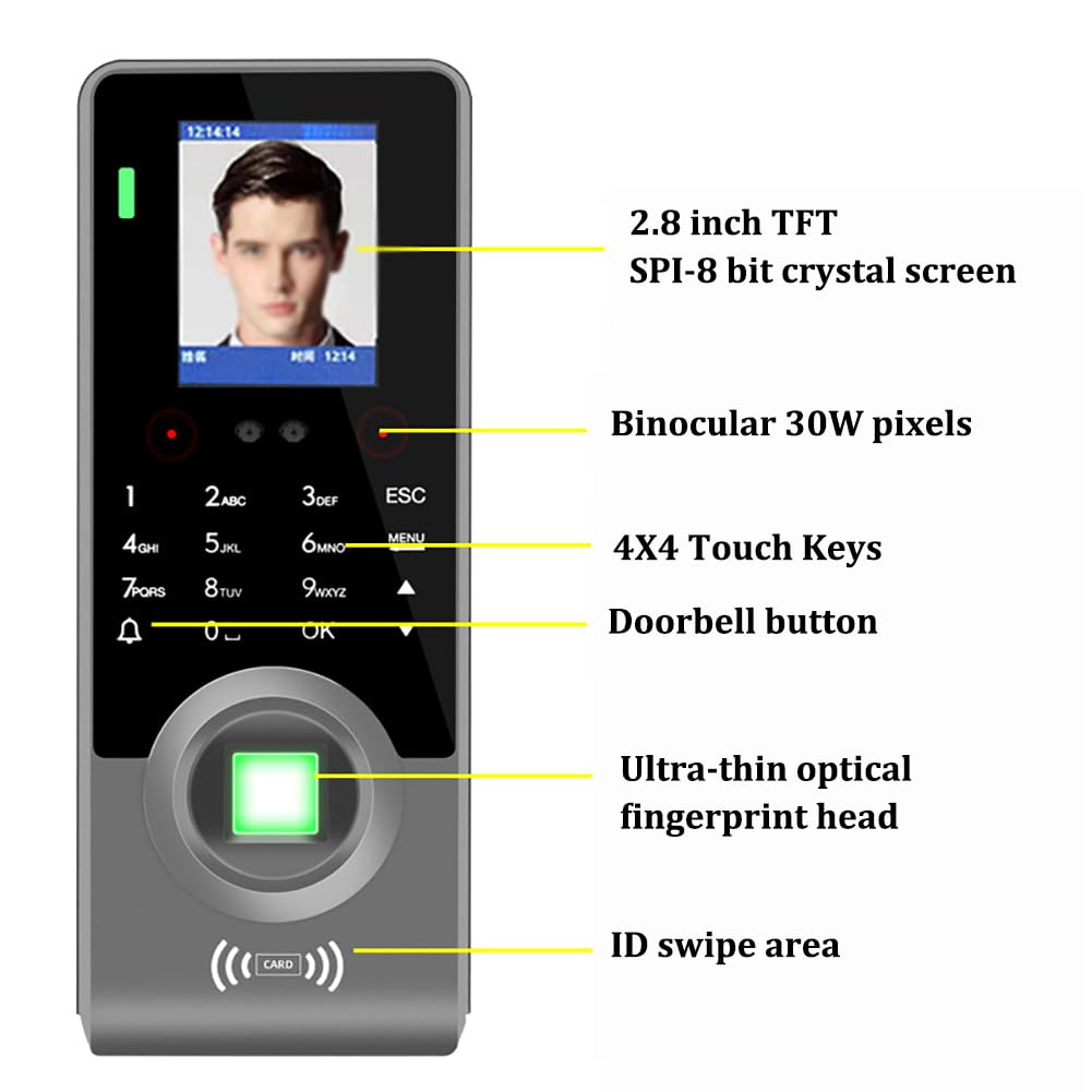 Máquina de control de asistencia, sistemas de reconocimiento facial con pantalla táctil de 2,8 pulgadas, reloj biométrico en la máquina, máquina electrónica de grabación de reconocimiento de huellas