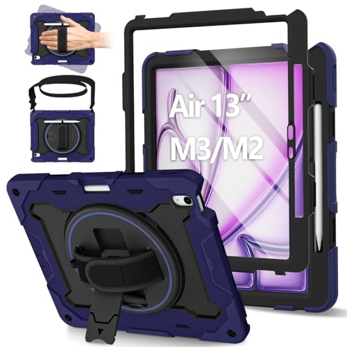 ROSROME pour iPad Air 13 pouces Étui 2026(M4)/2025(M3)/2024(M2) avec protecteur d'écran HD, coque résistante aux chocs pour enfant avec support rotatif à...