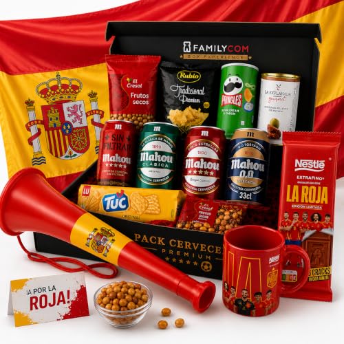FAMILYCOM Cesta Mundial Cervezas Mahou. Bandera de España, Bocina animación, Chocolate Nestle, Taza de la Roja, frutos secos y snacks. Surtido de Cervezas Mahou 5 Estrellas para regalar.