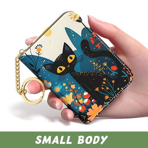 Image of Aiawoxc Credit Card Holder, Small RFID Wallet Slim Leather Card Organizer Case with Zipper and Keychain, Pretty Cat