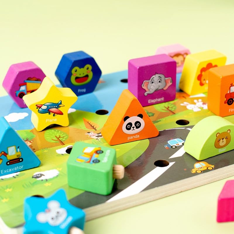 Image of HAPPY HUES Wooden Shape Matching Arithmetic Game - Montessori Peg Puzzle Sorting Board Preschool Learning, and Early Educational Development