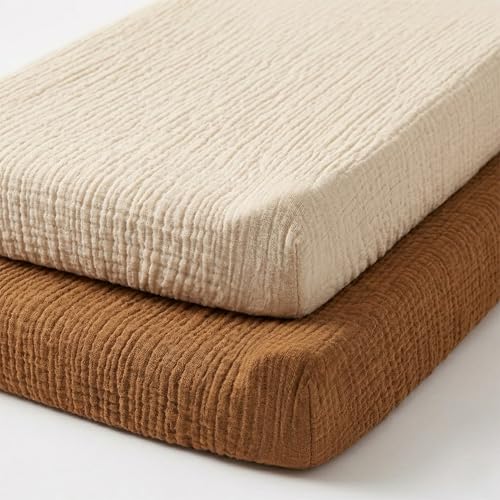 Image of Muslin Changing Pad Cover, Baby Diaper Changing Table Pad Sheets, Cotton Soft Breathable Fitted, Boys Girls Neutral 2 Pack (Brown＆Beige)