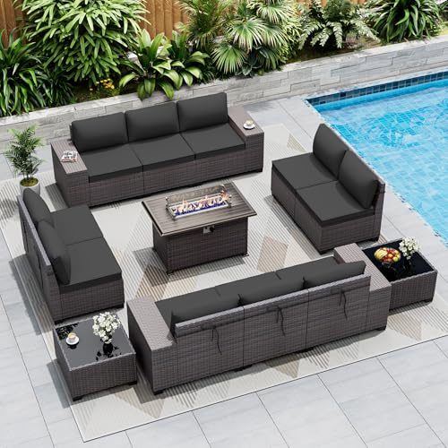 ASJMR Outdoor Patio Furniture Set with Fire Pit Table, 13 Pieces Outdoor Furniture Set Patio Sectional Set w/43in Propane Fire Pit, PE Wicker Rattan Patio Conversation Sets - Black.