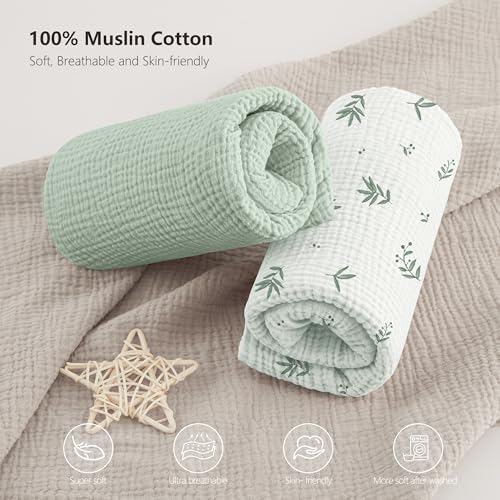 Image of Bearmoss Muslin Mini Crib Sheets for Pack N Play Mattress - 100% Cotton - 38 inchx26 inch Soft Breathable Playard Baby Crib Sheets Neutral for Boys Girls - 2 Pack (Bamboo)