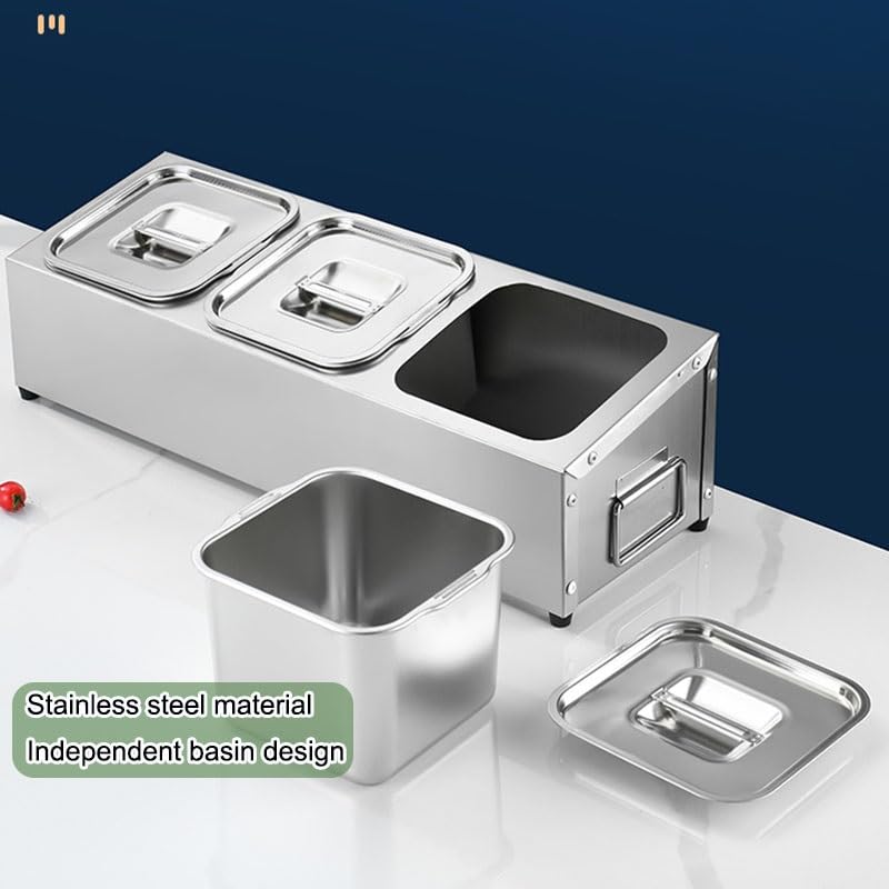 XLIHAWY Pizza Topping Station, Stainless Steel Condiment Dispenser, Handle Design Countertop Spice Rack Organizer for Seasoning Sauce Salad Jam Fruits Ingredients(Silver-C,88.3x18x15.5cm)