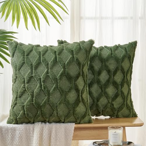 Image of Volcanics Pack of 2 Faux Wool Throw Pillow Covers 20x20 Inches Decorative Farmhouse Velvet Couch Pillow Case Soft Plush Square Boho Cushion Pillowcase, Olive Green